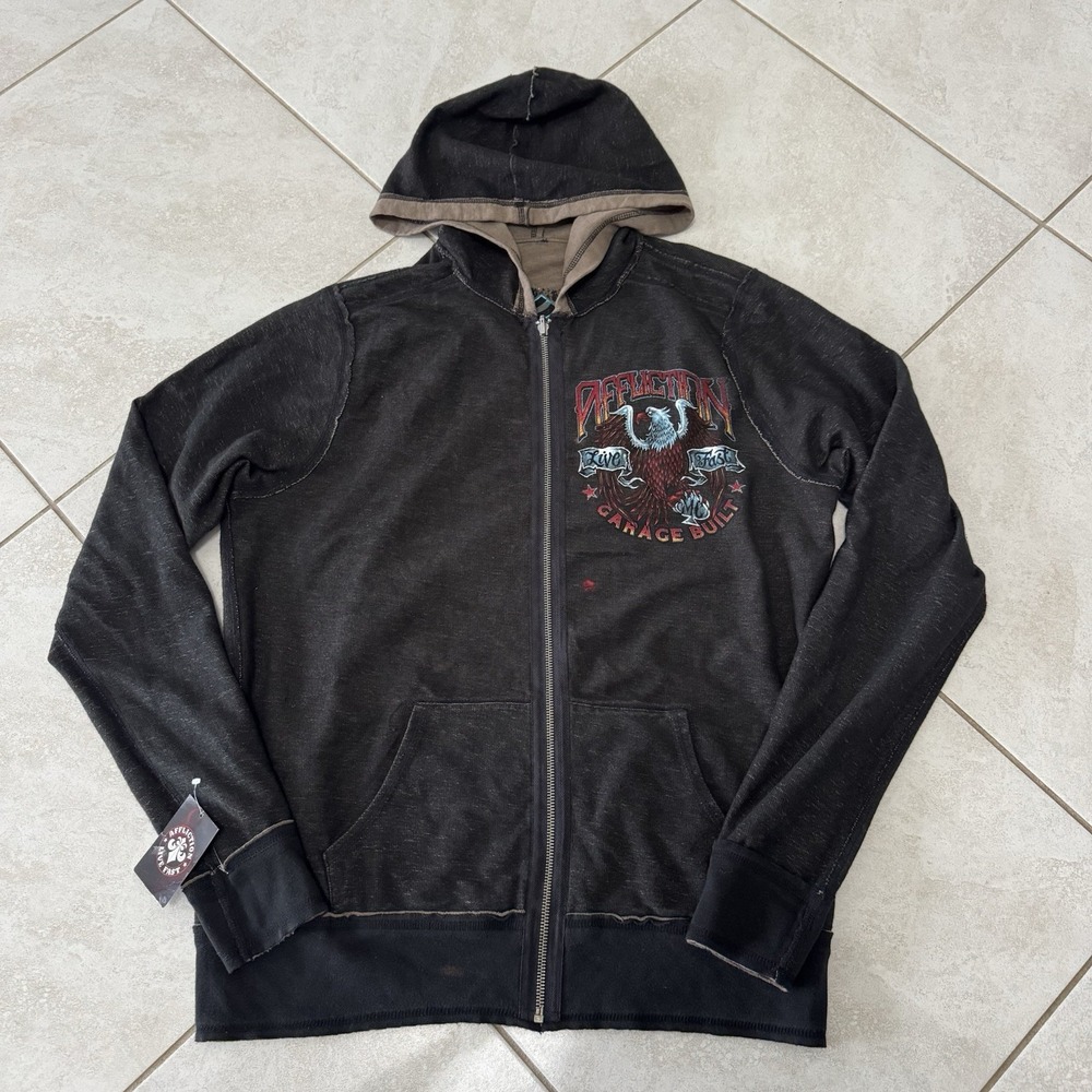 Affliction Hoodie Mens M Brighton‎ Bombers Reversible Grunge Biker NWT *stains